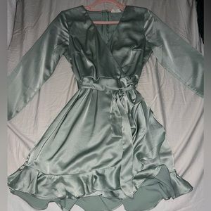 Sage green satin dress with side tie and long sleeves